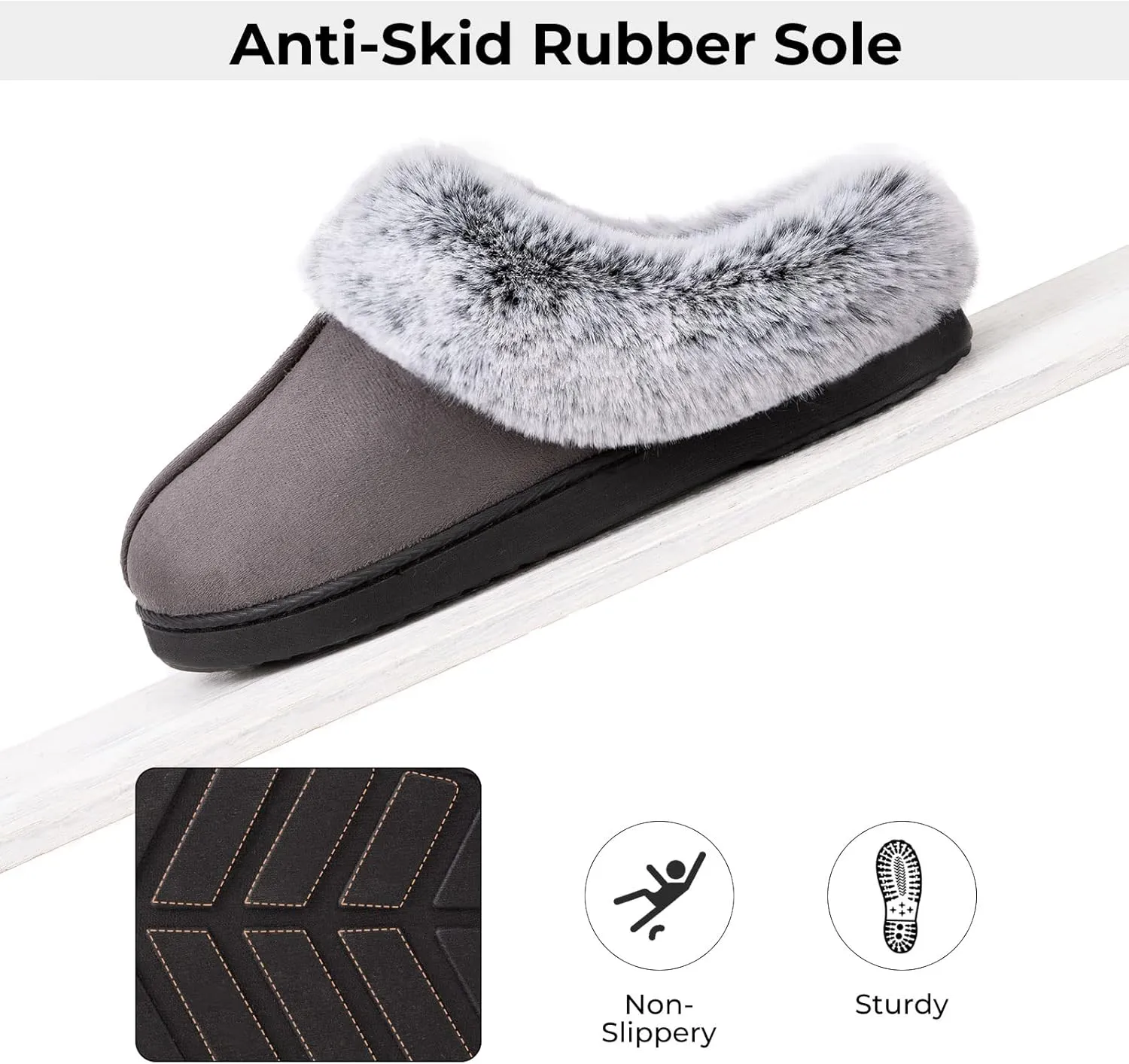HomeTop Women's Classic Microsuede Memory Foam Slippers Durable Rubber Sole with Warm Faux Fur Collar