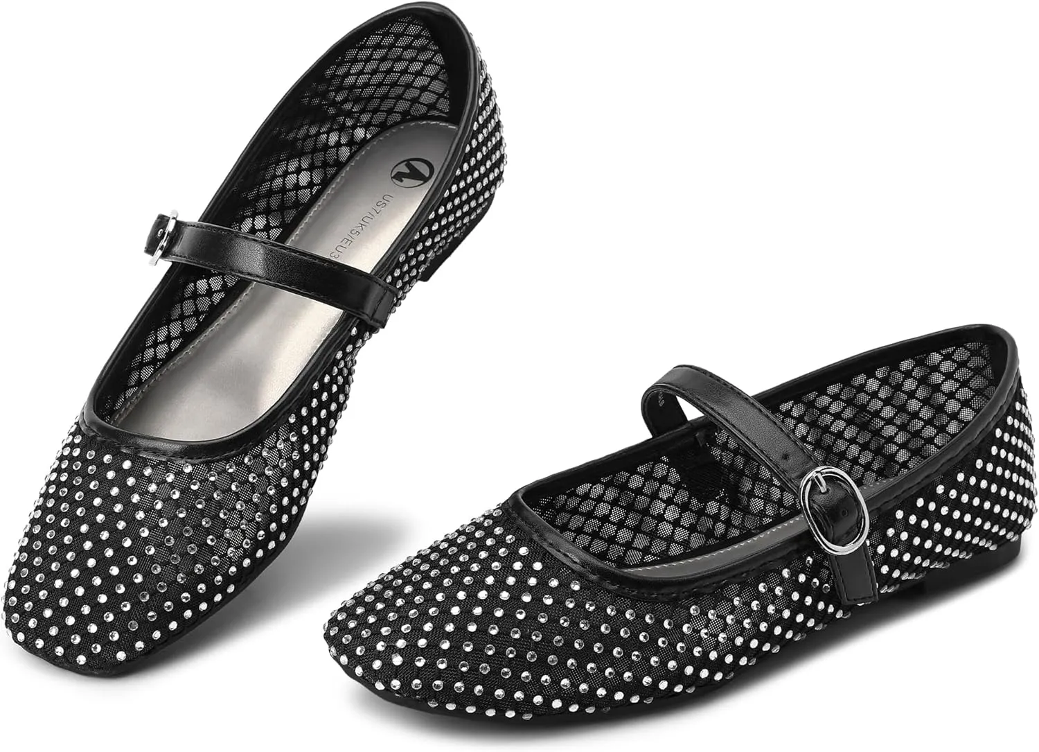 HOMETRUE Women's Mesh Ballet Flats Buckle Strap Sparkly Rhinestone Mary Jane Ballerina Flat Casual Dress Shoes (Black, 10)