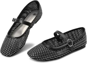 HOMETRUE Women's Mesh Ballet Flats Buckle Strap Sparkly Rhinestone Mary Jane Ballerina Flat Casual Dress Shoes (Black, 10)