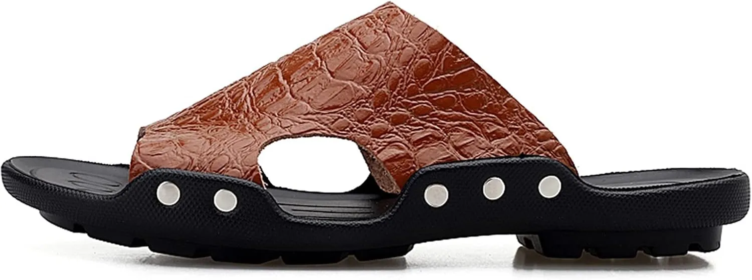 HOOENG Mens Slide Sandals Closed Toe Crocodile Print Pool Slide Slippers Leather Water Resistant Outdoor Slipper Shoes
