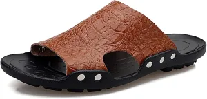 HOOENG Mens Slide Sandals Closed Toe Crocodile Print Pool Slide Slippers Leather Water Resistant Outdoor Slipper Shoes