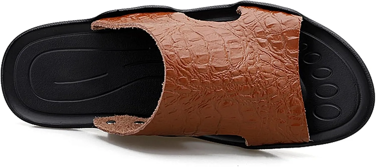 HOOENG Mens Slide Sandals Closed Toe Crocodile Print Pool Slide Slippers Leather Water Resistant Outdoor Slipper Shoes