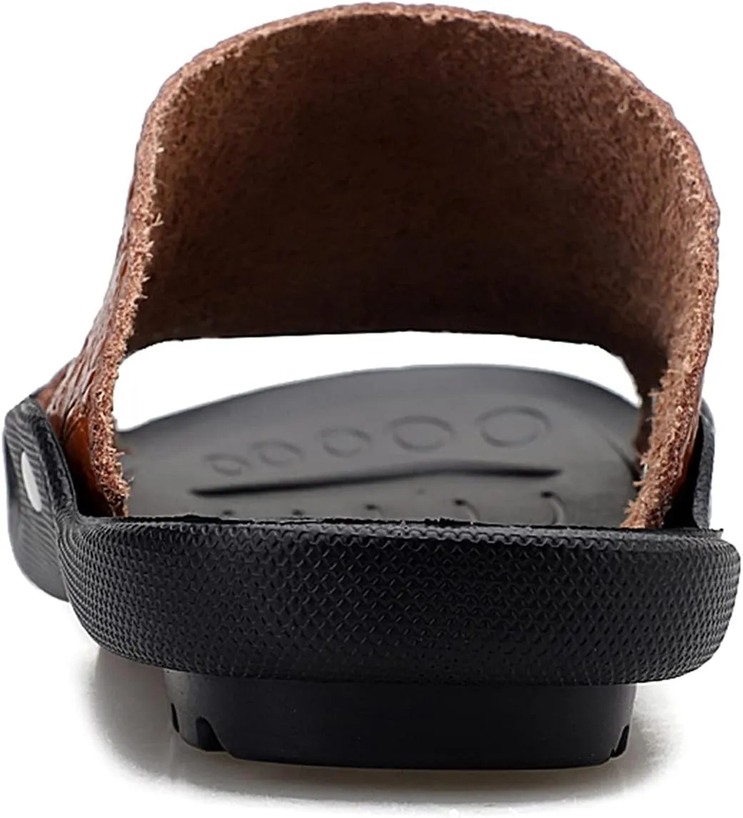HOOENG Mens Slide Sandals Closed Toe Crocodile Print Pool Slide Slippers Leather Water Resistant Outdoor Slipper Shoes
