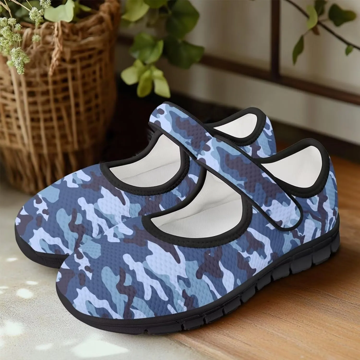 Howilath Camouflage Women's Ballet Flats Round Toe Mary Jane Shoes Single Buckle Flats Shoes Casual Flats Shoes