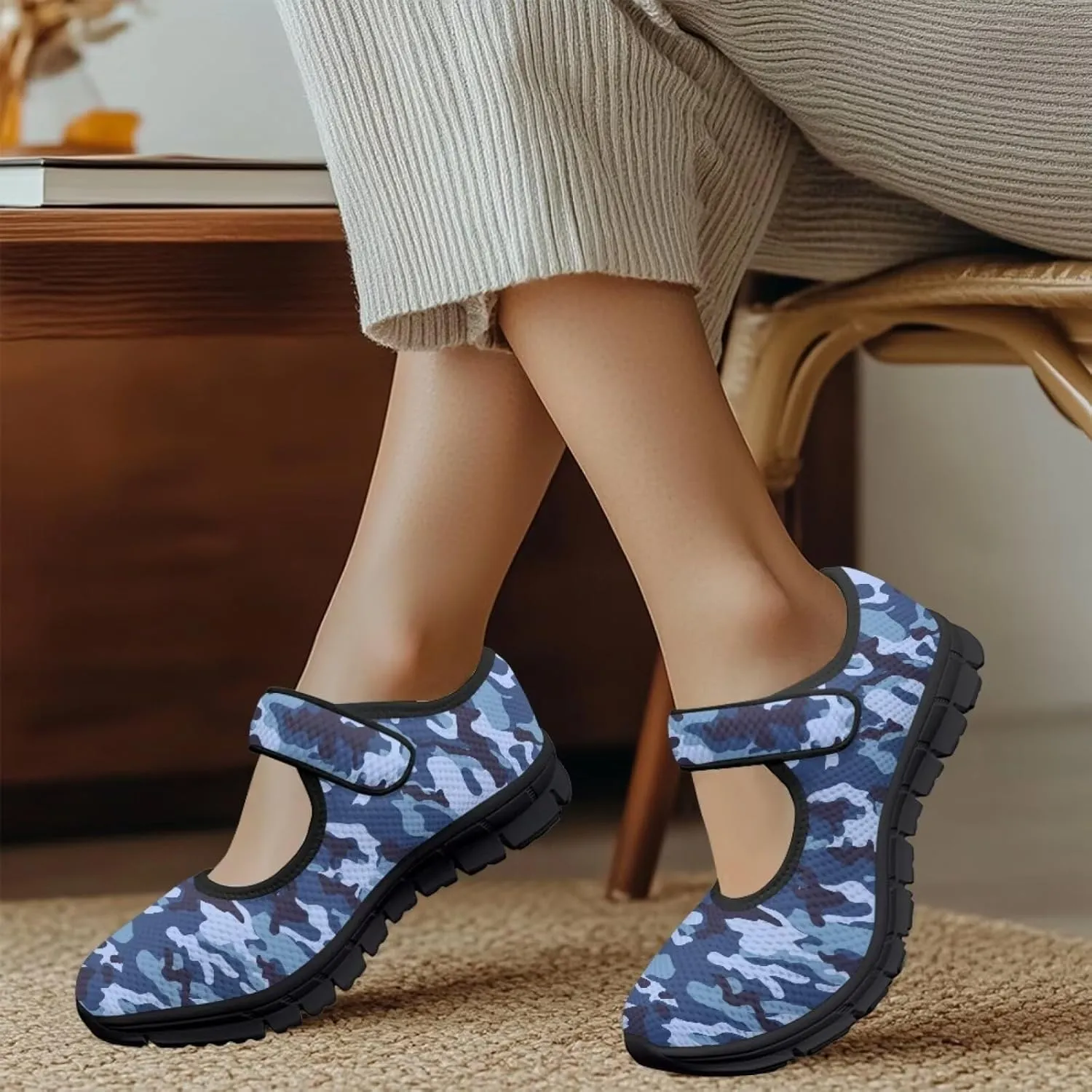 Howilath Camouflage Women's Ballet Flats Round Toe Mary Jane Shoes Single Buckle Flats Shoes Casual Flats Shoes