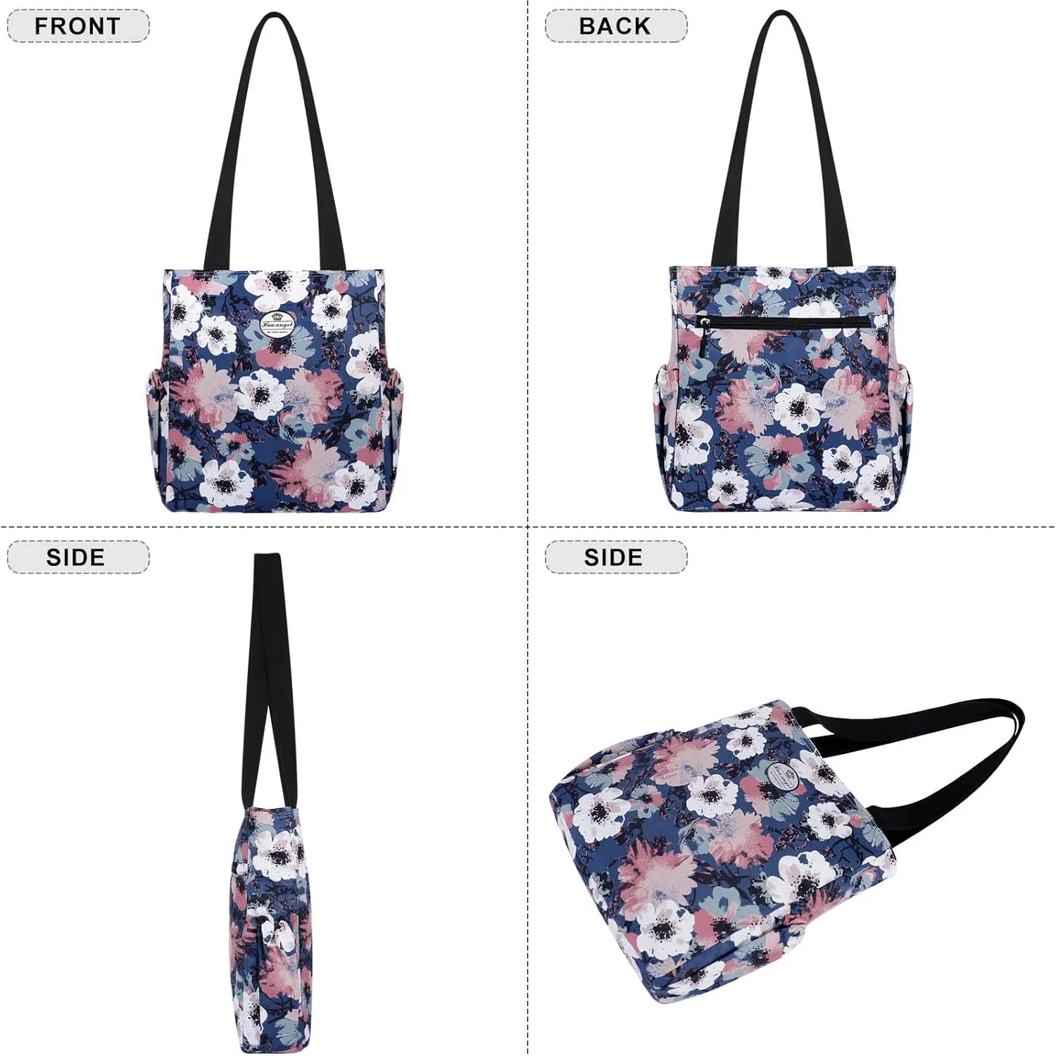 HUA ANGEL Floral Tote Bag - Casual Shoulder Bag Daily Tote Bag with Zipper Gym Travel Shopping Work Handbag for Women