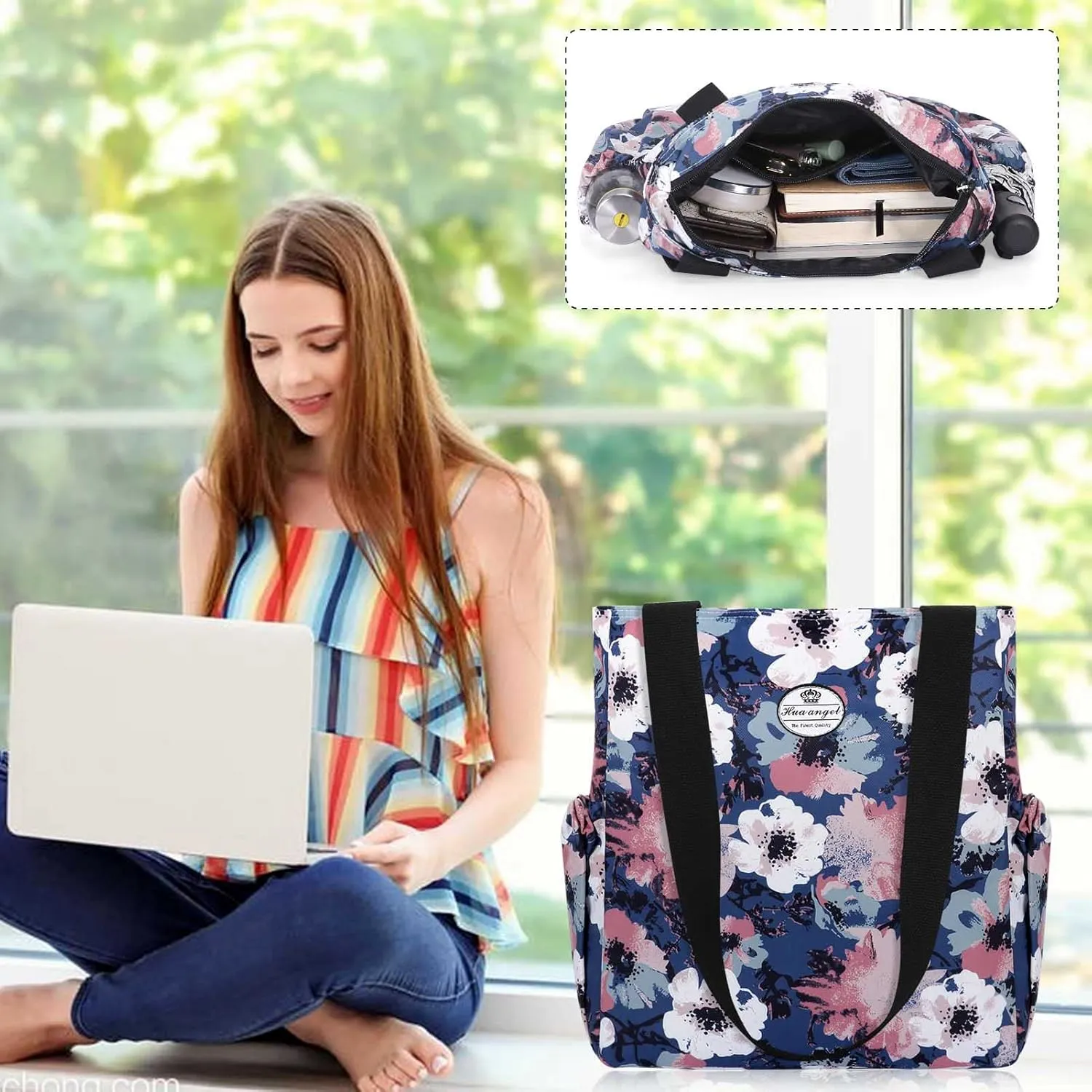 HUA ANGEL Floral Tote Bag - Casual Shoulder Bag Daily Tote Bag with Zipper Gym Travel Shopping Work Handbag for Women