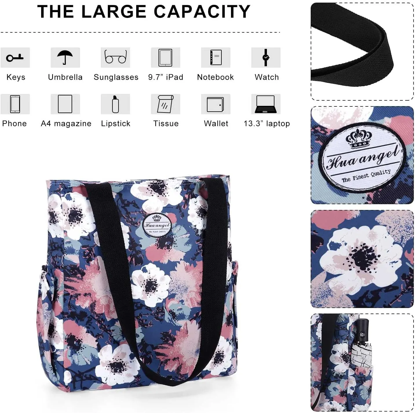 HUA ANGEL Floral Tote Bag - Casual Shoulder Bag Daily Tote Bag with Zipper Gym Travel Shopping Work Handbag for Women