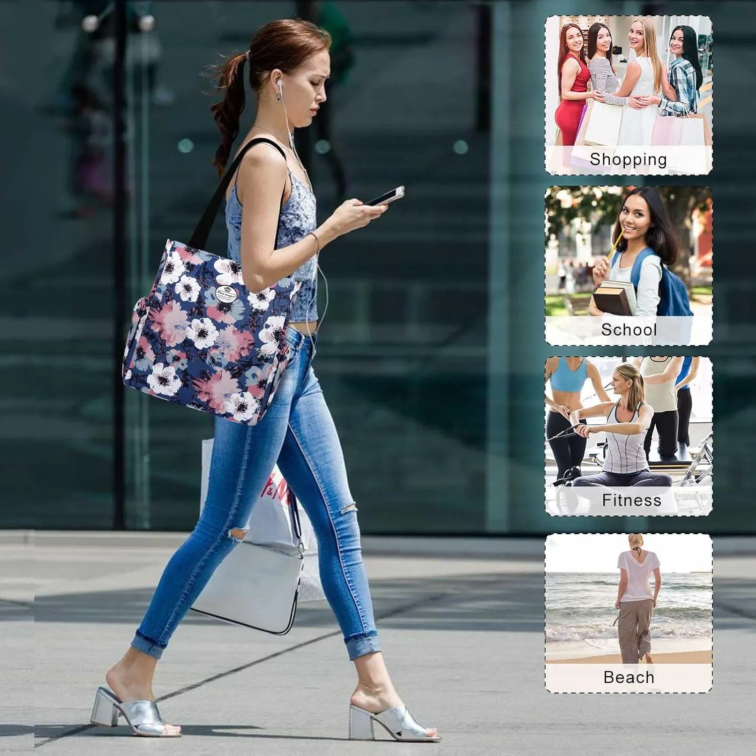 HUA ANGEL Floral Tote Bag - Casual Shoulder Bag Daily Tote Bag with Zipper Gym Travel Shopping Work Handbag for Women