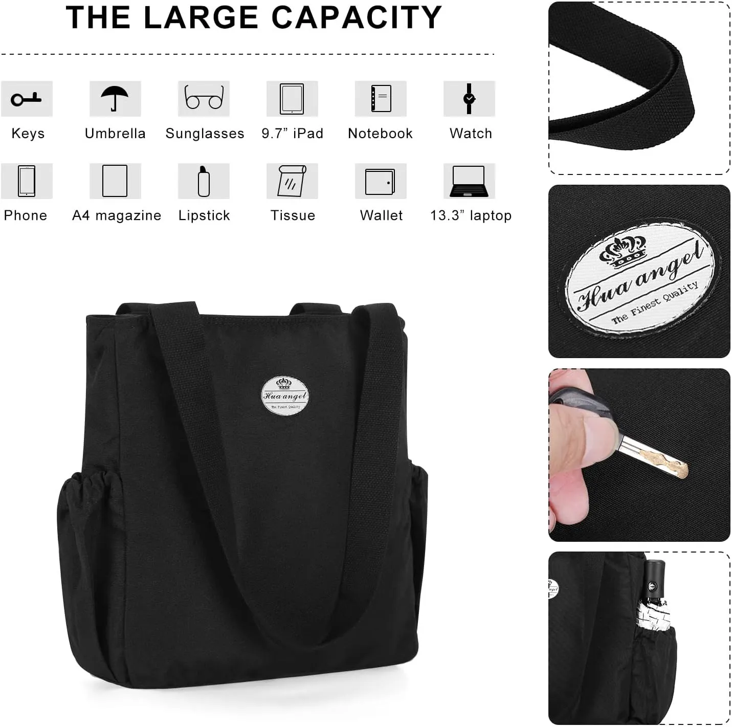 HUA ANGEL Floral Tote Bag - Casual Shoulder Bag Daily Tote Bag with Zipper Gym Travel Shopping Work Handbag for Women