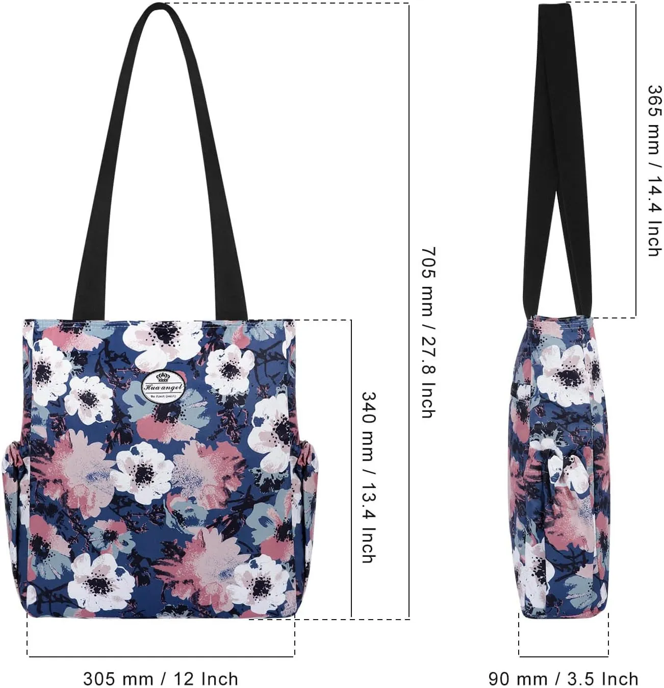 HUA ANGEL Floral Tote Bag - Casual Shoulder Bag Daily Tote Bag with Zipper Gym Travel Shopping Work Handbag for Women