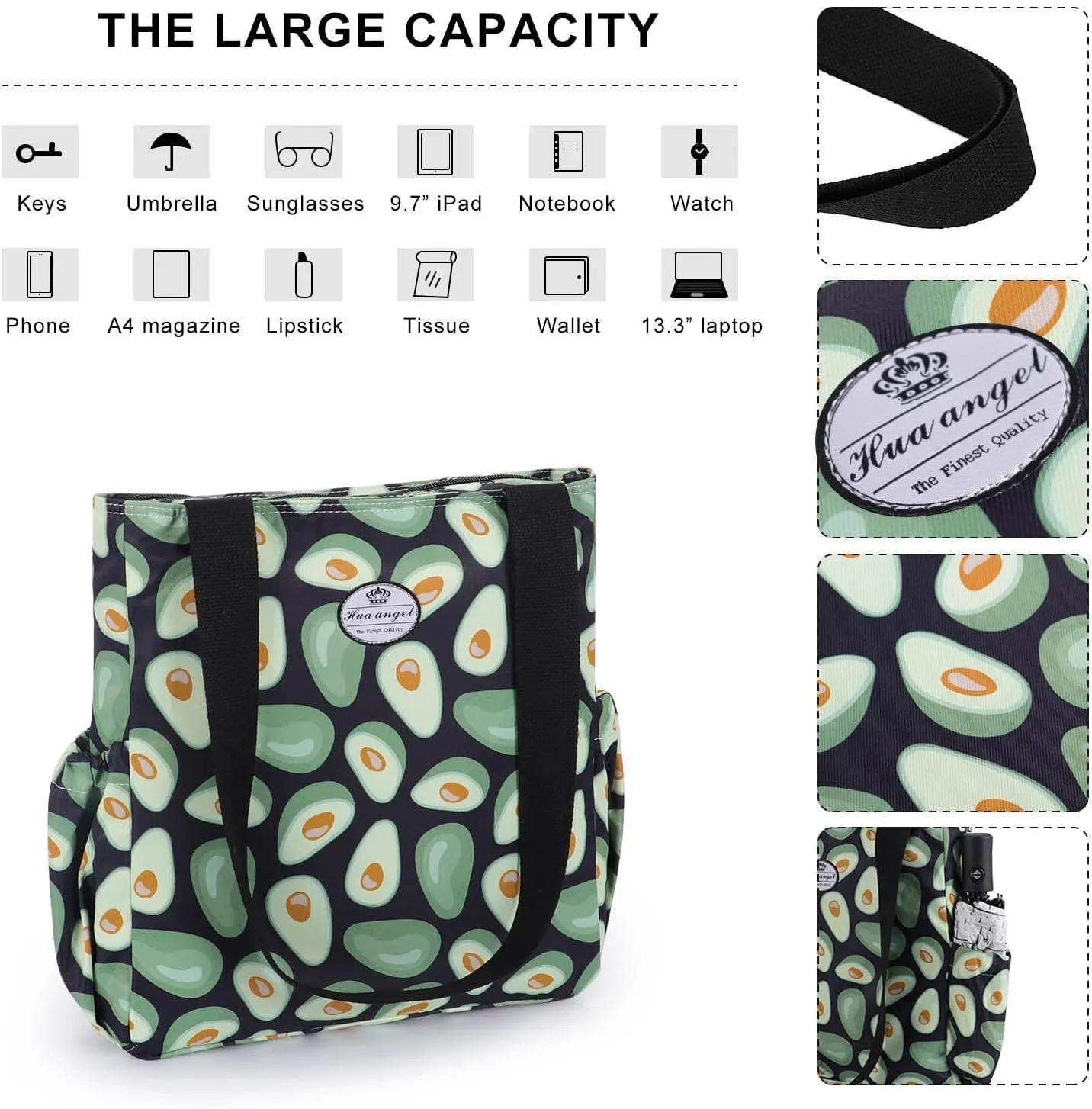 HUA ANGEL Floral Tote Bag - Casual Shoulder Bag Daily Tote Bag with Zipper Gym Travel Shopping Work Handbag for Women