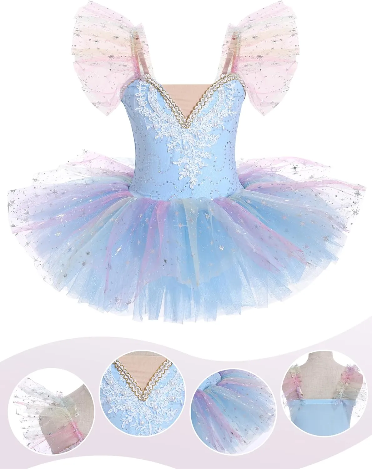 IBAKOM Ballerina Swan Lake Costume Dance Pancake Platter Tutu Ruffle Sleeve Floral Print Gymnastics Leotard Ballet Tutu