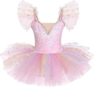 IBAKOM Ballerina Swan Lake Costume Dance Pancake Platter Tutu Ruffle Sleeve Floral Print Gymnastics Leotard Ballet Tutu