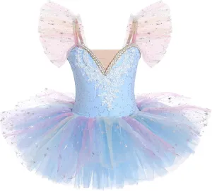 IBAKOM Ballerina Swan Lake Costume Dance Pancake Platter Tutu Ruffle Sleeve Floral Print Gymnastics Leotard Ballet Tutu