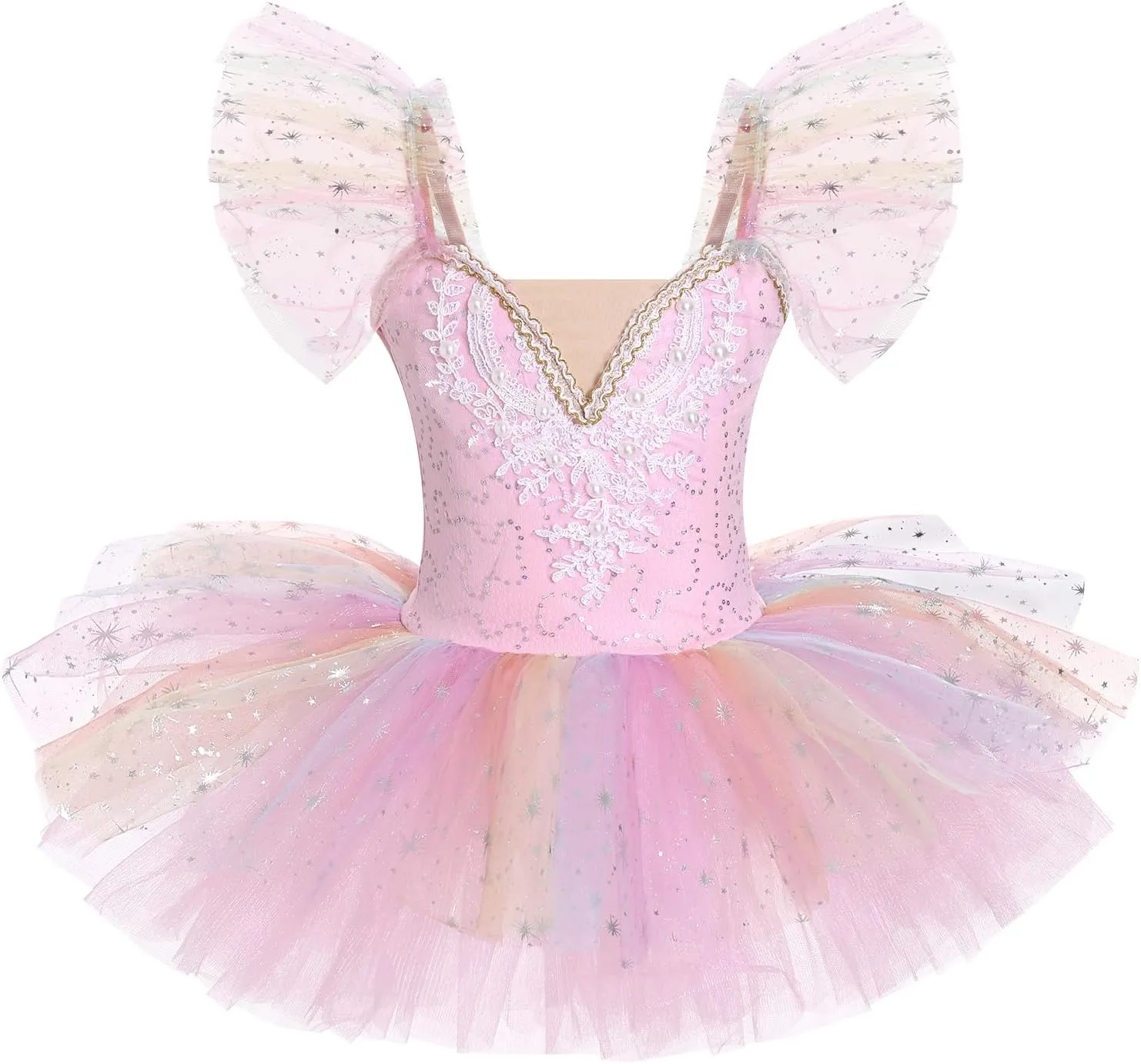 IBAKOM Ballerina Swan Lake Costume Dance Pancake Platter Tutu Ruffle Sleeve Floral Print Gymnastics Leotard Ballet Tutu