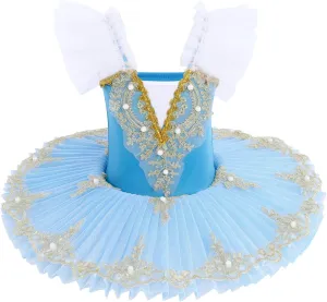 IBAKOM Ballerina Swan Lake Costume Dance Pancake Platter Tutu Ruffle Sleeve Floral Print Gymnastics Leotard Ballet Tutu