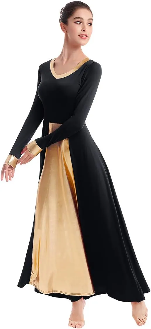 IBAKOM Praise Liturgical Dance Costume for Women Loose Fit Full Length Metallic Gold V-Neck Worship Long Dress Dancewear