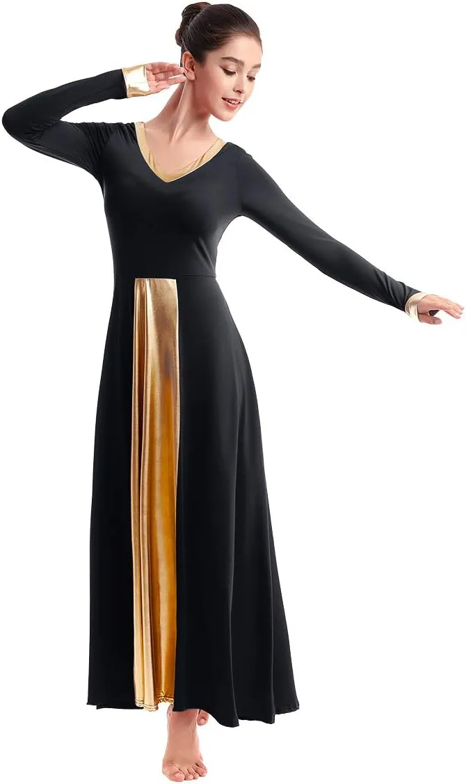 IBAKOM Praise Liturgical Dance Costume for Women Loose Fit Full Length Metallic Gold V-Neck Worship Long Dress Dancewear