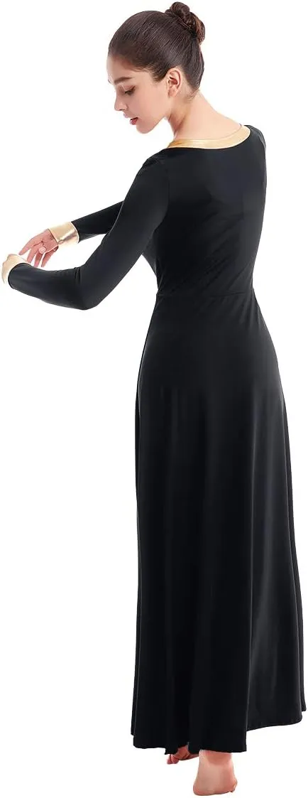 IBAKOM Praise Liturgical Dance Costume for Women Loose Fit Full Length Metallic Gold V-Neck Worship Long Dress Dancewear
