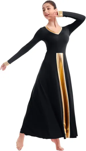 IBAKOM Praise Liturgical Dance Costume for Women Loose Fit Full Length Metallic Gold V-Neck Worship Long Dress Dancewear