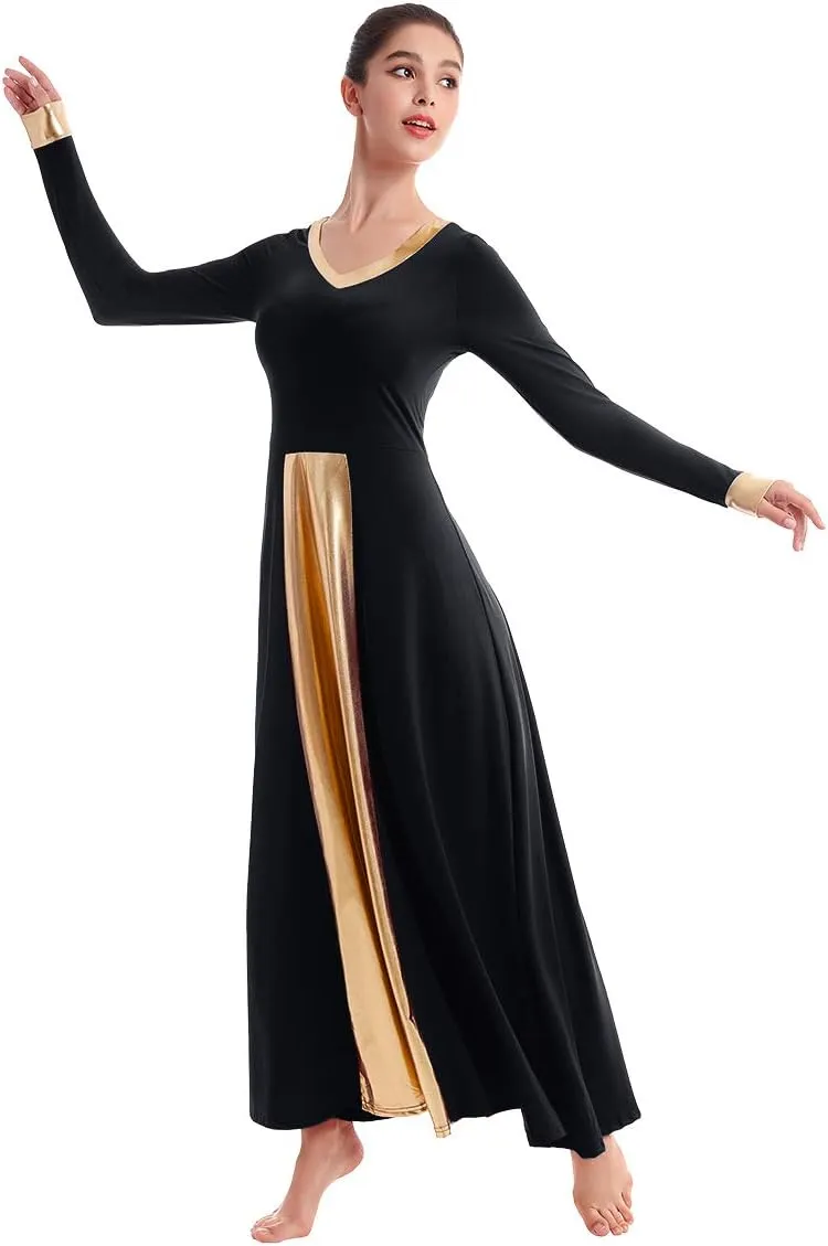 IBAKOM Praise Liturgical Dance Costume for Women Loose Fit Full Length Metallic Gold V-Neck Worship Long Dress Dancewear