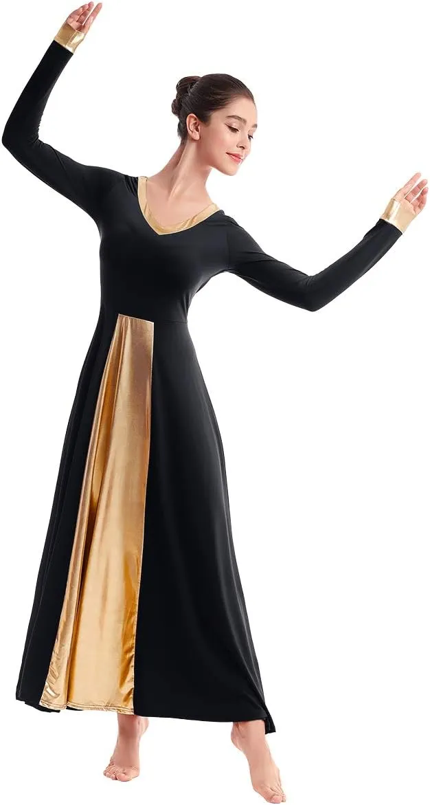 IBAKOM Praise Liturgical Dance Costume for Women Loose Fit Full Length Metallic Gold V-Neck Worship Long Dress Dancewear