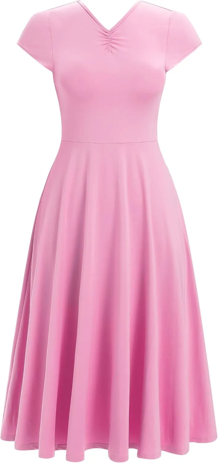 IBAKOM Women Ballet Dance Dress Cap Sleeve Open Back Ruched Front A-Line Ballerina Costume Teen V Neck Flowy Maxi Dresses