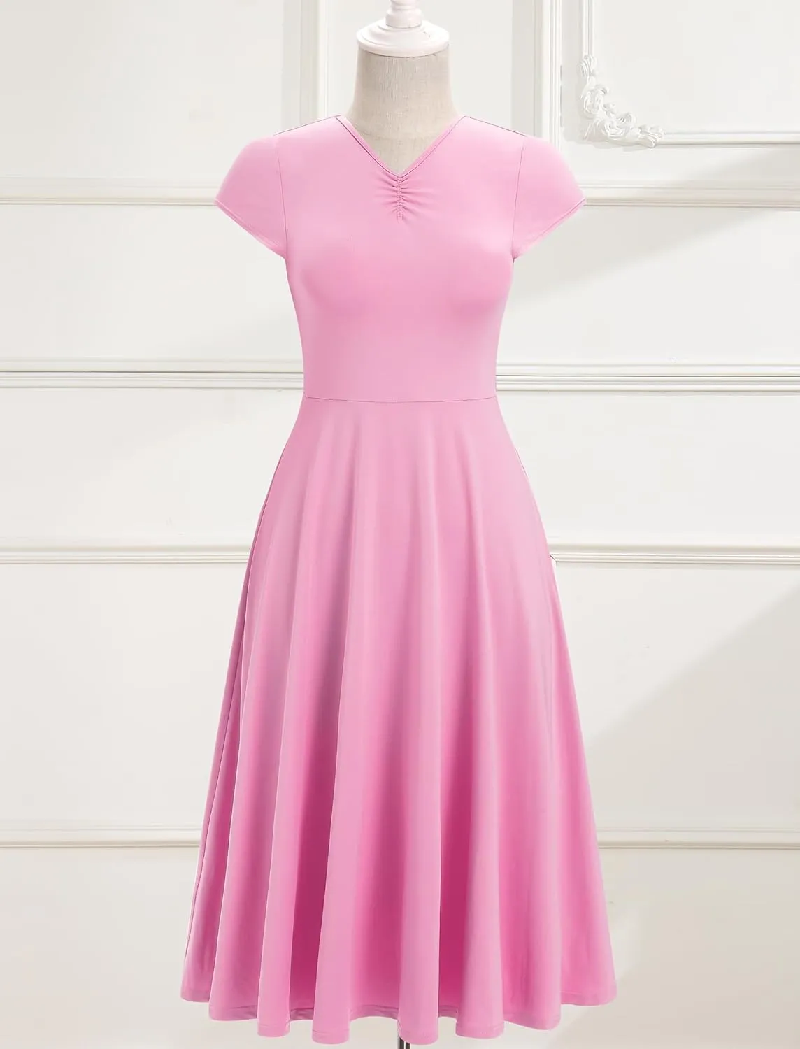 IBAKOM Women Ballet Dance Dress Cap Sleeve Open Back Ruched Front A-Line Ballerina Costume Teen V Neck Flowy Maxi Dresses