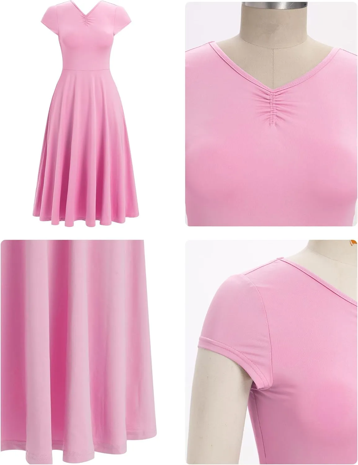 IBAKOM Women Ballet Dance Dress Cap Sleeve Open Back Ruched Front A-Line Ballerina Costume Teen V Neck Flowy Maxi Dresses