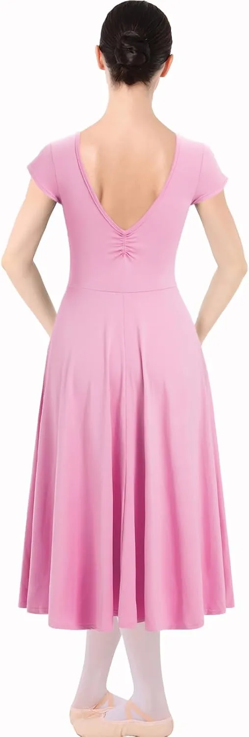 IBAKOM Women Ballet Dance Dress Cap Sleeve Open Back Ruched Front A-Line Ballerina Costume Teen V Neck Flowy Maxi Dresses