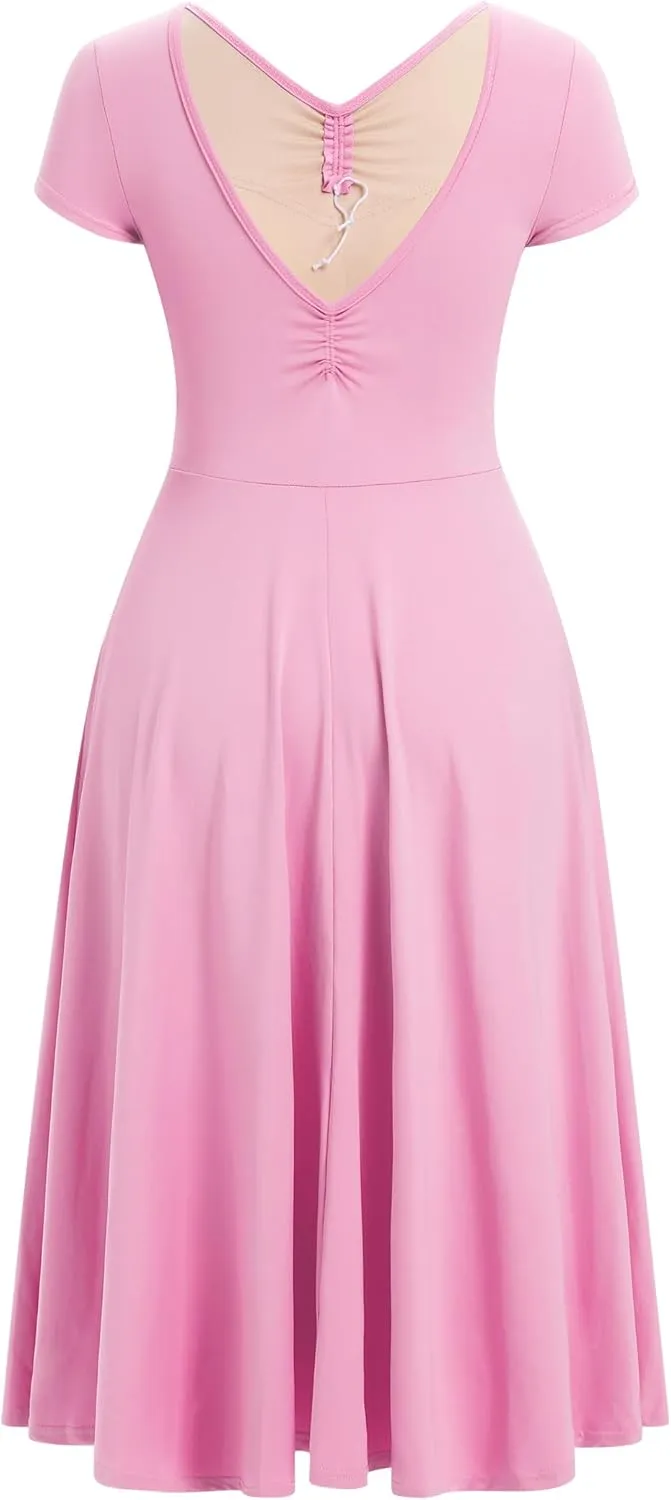 IBAKOM Women Ballet Dance Dress Cap Sleeve Open Back Ruched Front A-Line Ballerina Costume Teen V Neck Flowy Maxi Dresses