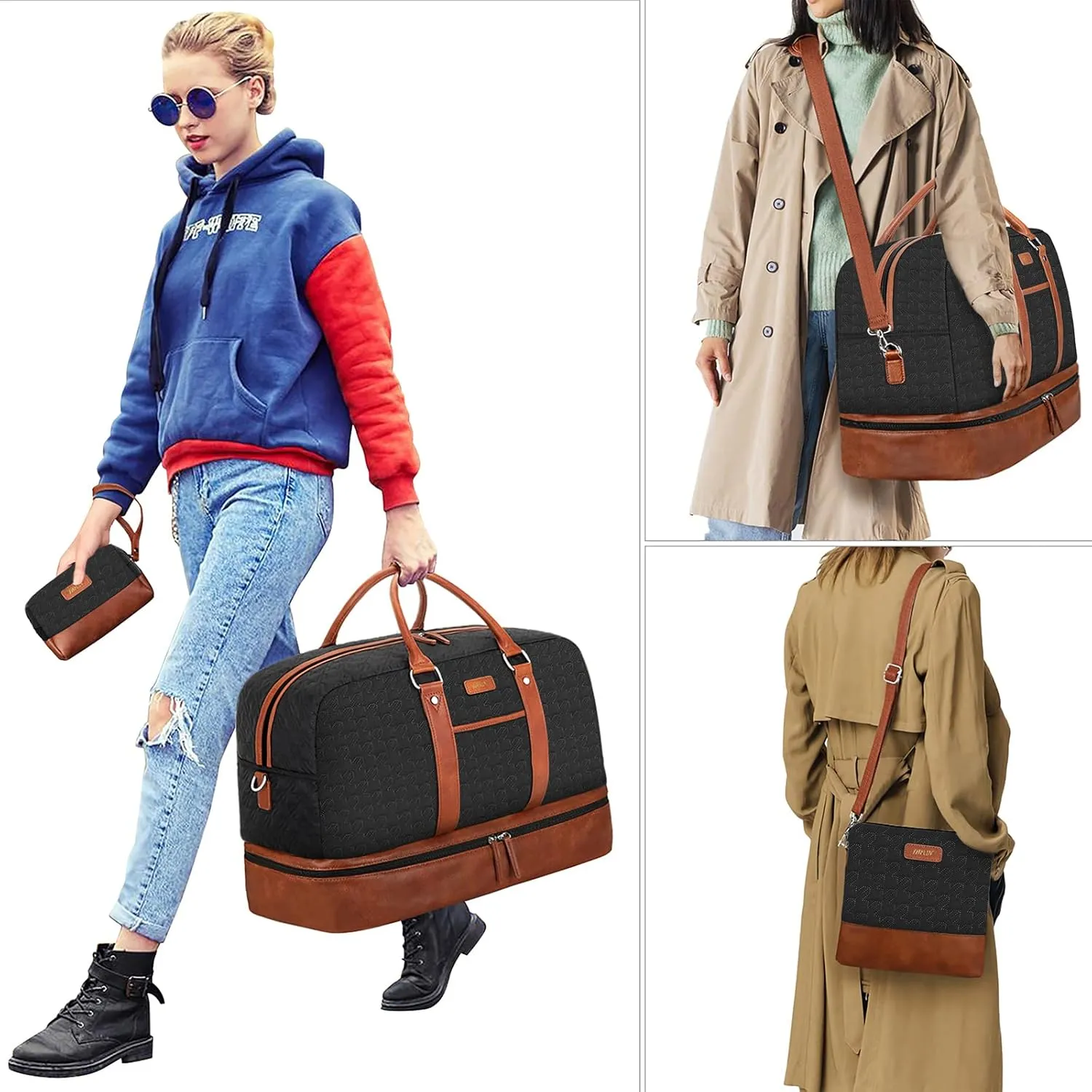 IBFUN Weekender Bags for Women, Large Overnight Bag Canvas Travel Duffel Bag Carry On Tote with Shoe Compartment 21" 3Pcs Set