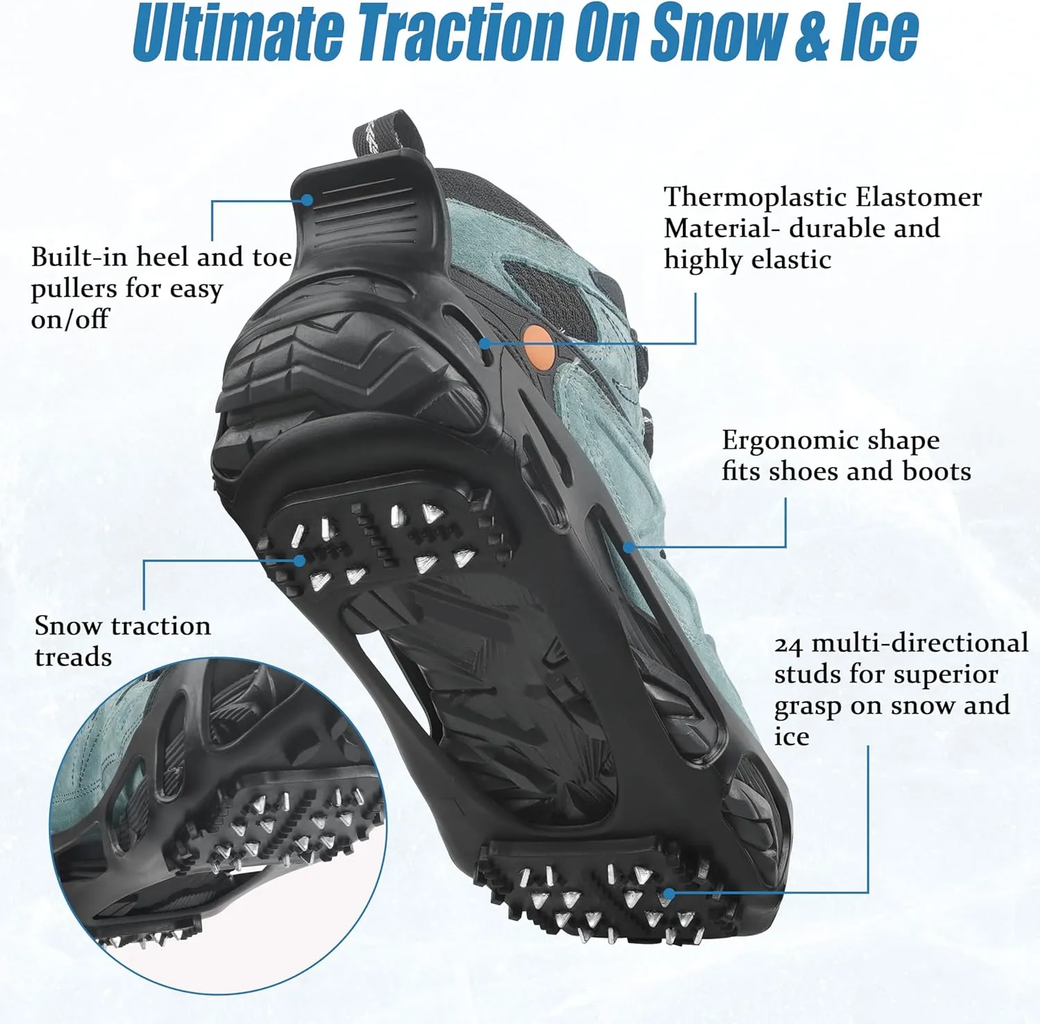 Ice Cleats Snow Traction Cleats Crampon for Walking on Snow and Ice Non-Slip Overshoe Rubber Anti Slip Crampons Slip-on Stretch Footwear