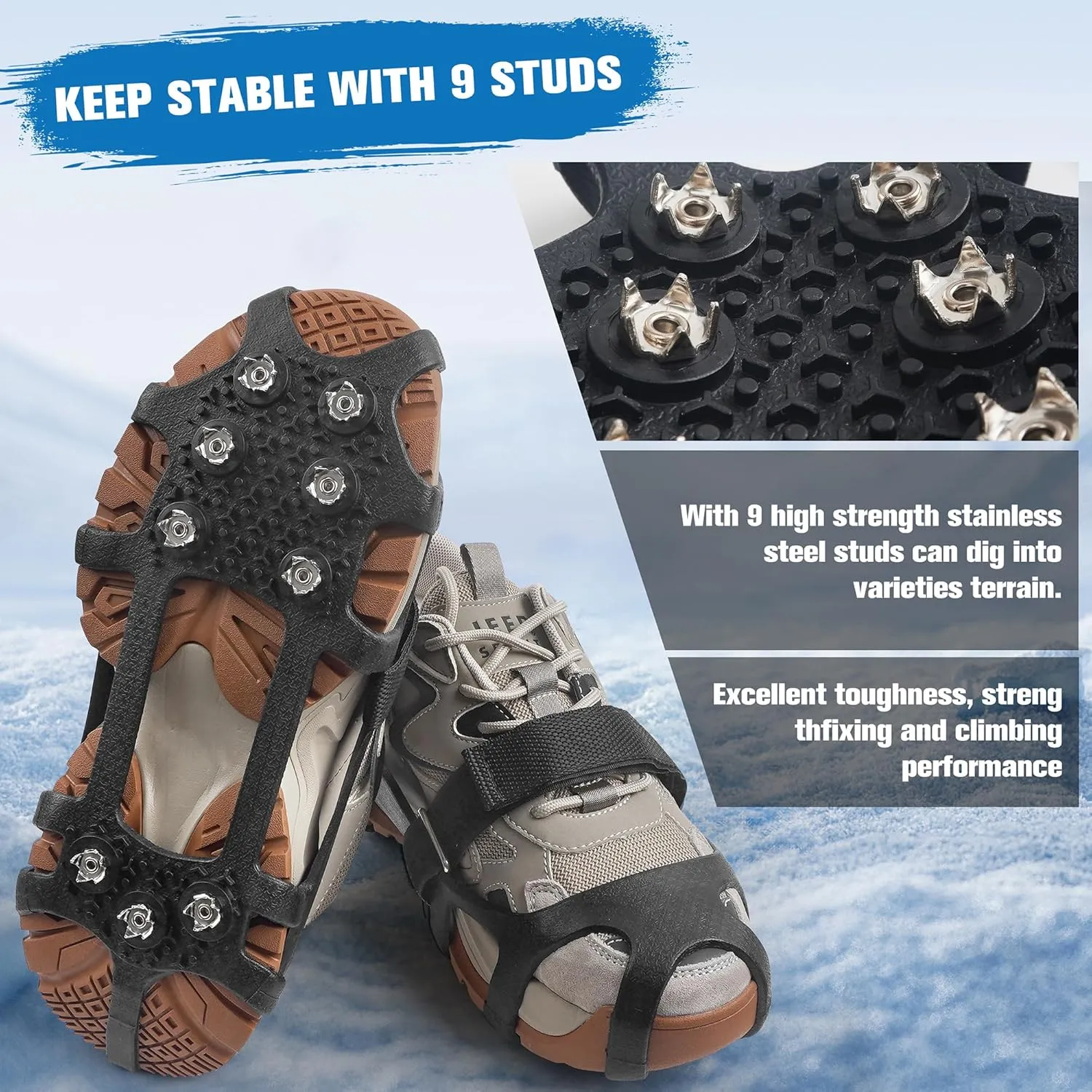 Ice Cleats Snow Traction for Shoes and Boots Ice Snow Crampons Ice Gripper for Walking on Snow and Ice 9-Studs Non Slip Ice Cleats Rubber Overshoe Slip-on Stretch Footwear Winter Hiking Climbing