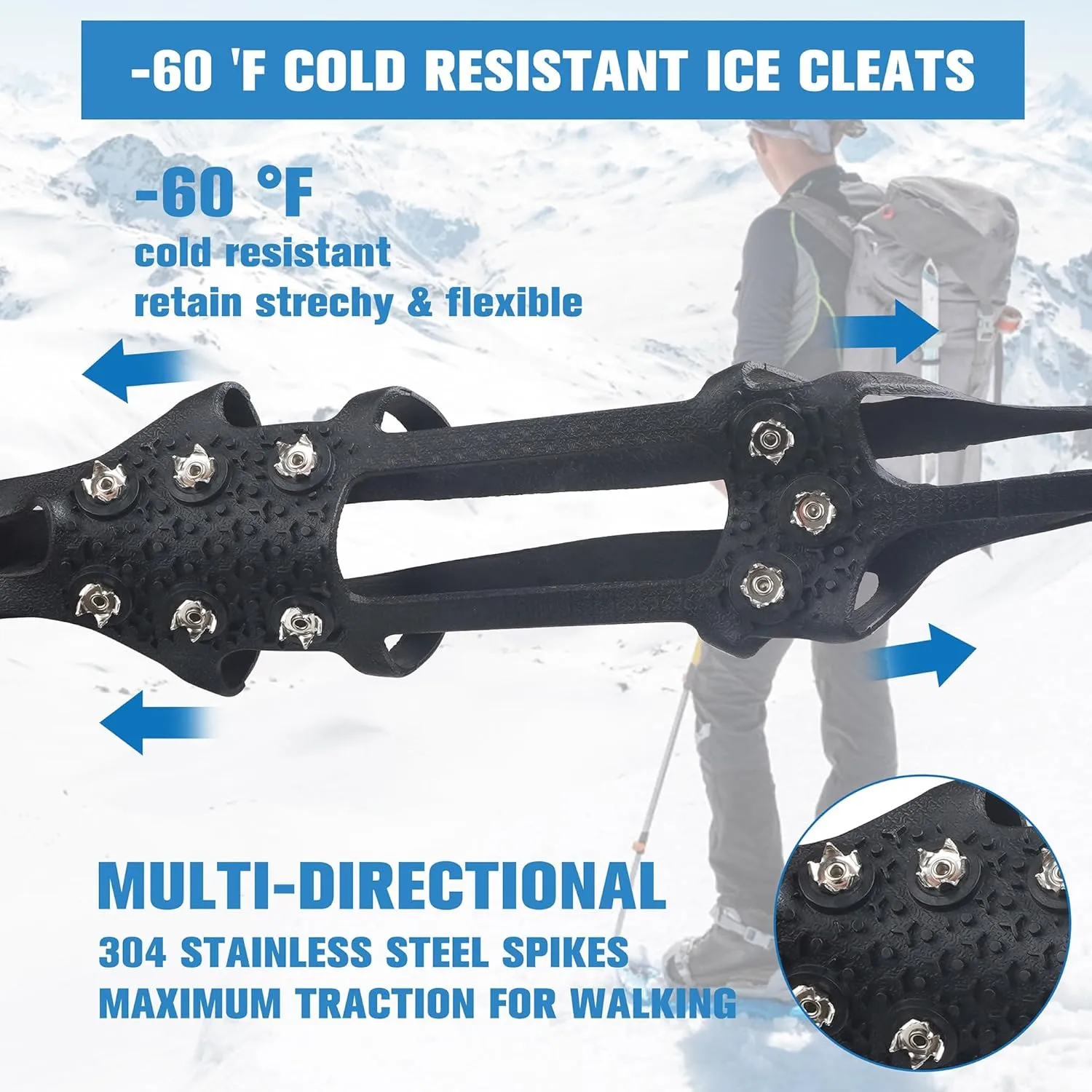 Ice Cleats Snow Traction for Shoes and Boots Ice Snow Crampons Ice Gripper for Walking on Snow and Ice 9-Studs Non Slip Ice Cleats Rubber Overshoe Slip-on Stretch Footwear Winter Hiking Climbing