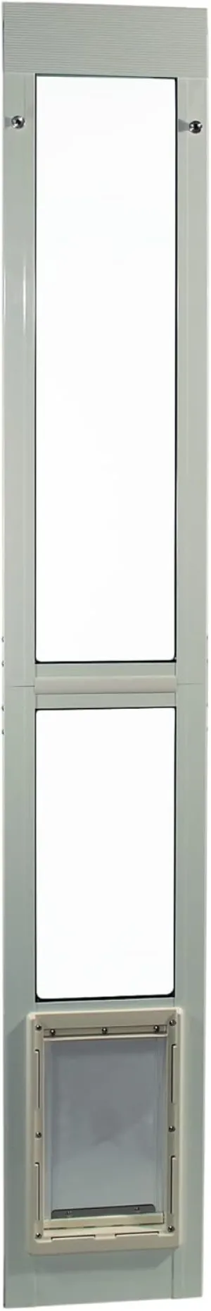 Ideal Pet Products Modular ALUMINUM Pet Patio Door with Single Pane Glass and Clear Flexible Flap. Fits up to 1” Aluminum Patio track width ONLY, Medium, White