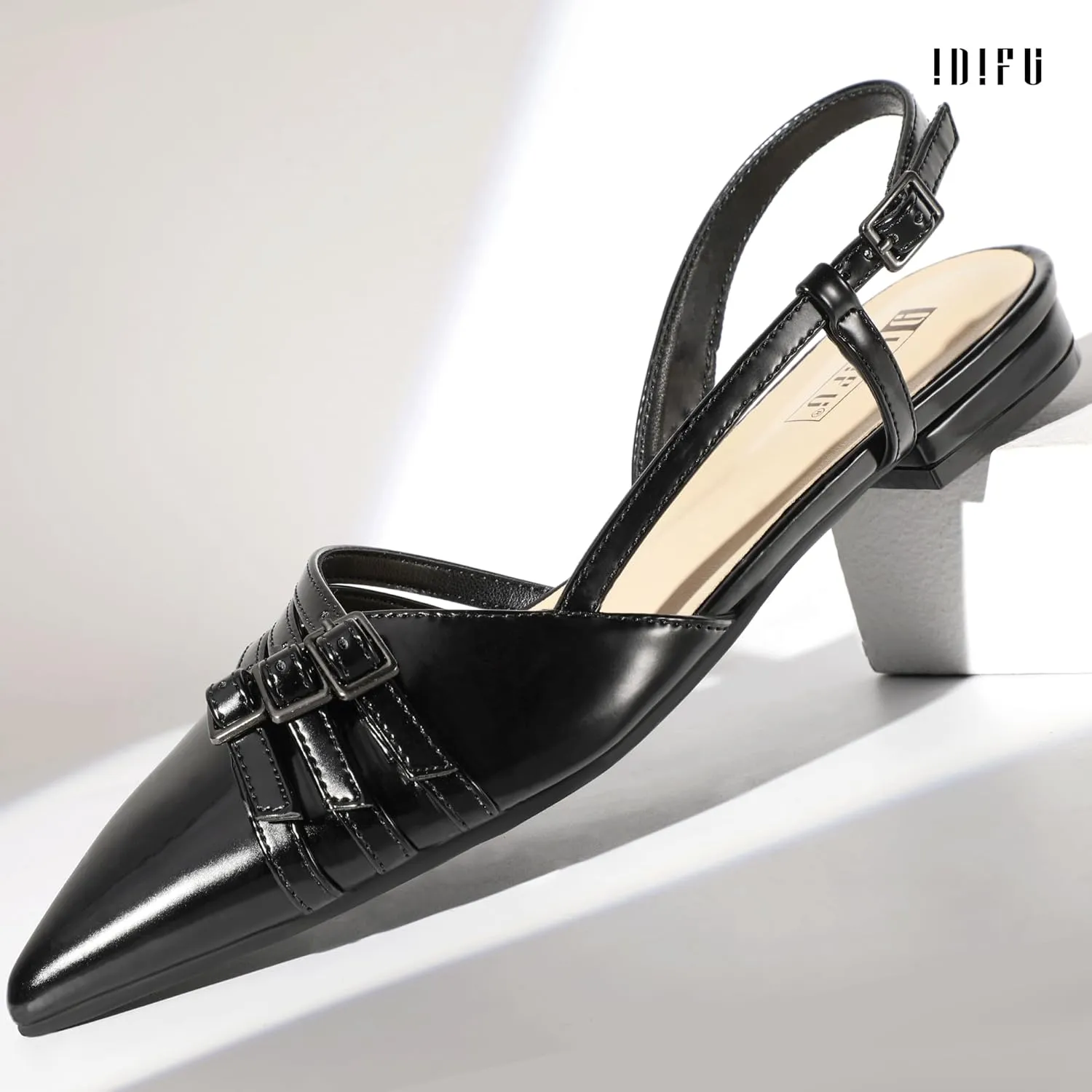 IDIFU Slingback Flats for Women Pointed Toe Ballet Flats Shoes Women Dressy Comfortable Casual Flat Dress Shoes for Women Office Work Wedding Bridal Cute Fashion Slip on Buckle Flats