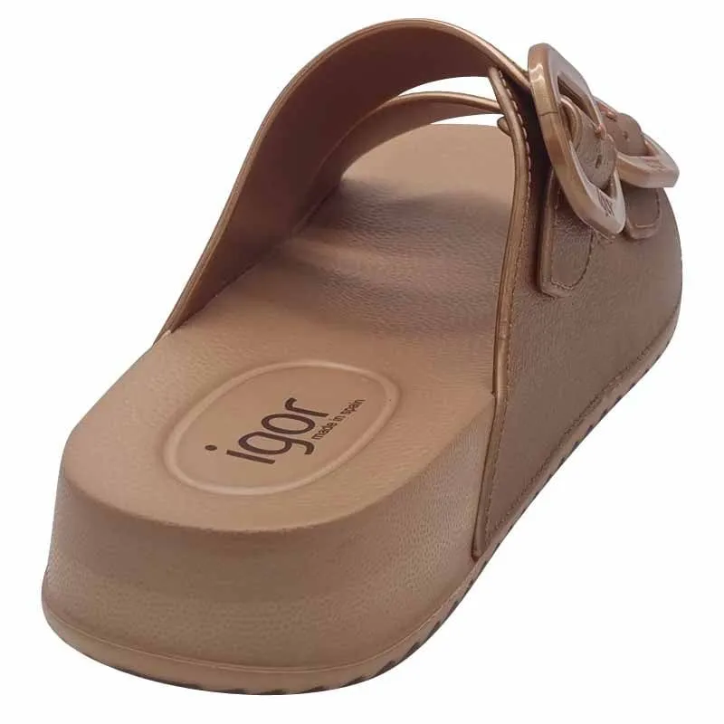 Igor Womens Bronze-Gold Large Buckle Mule Sandal - S10327