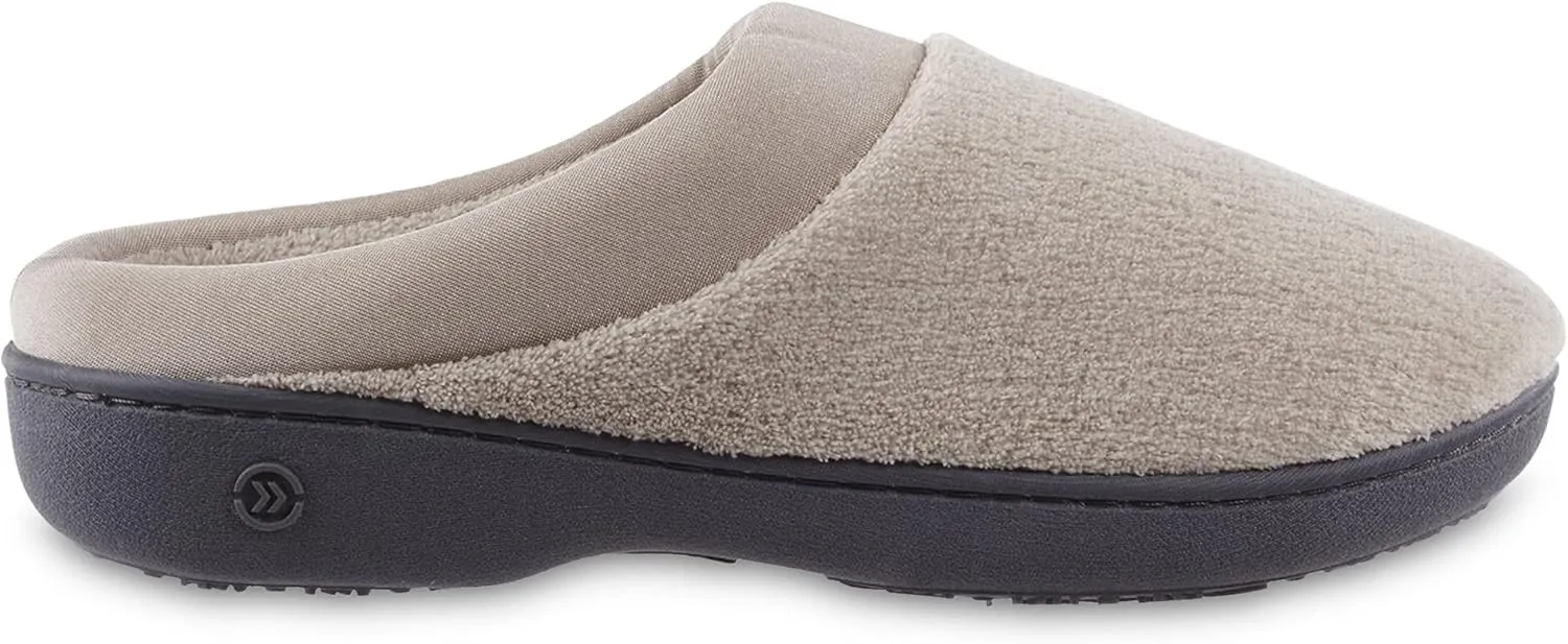 isotoner Women's Terry and Satin Slip on Cushioned Slipper with Memory Foam for Indoor/Outdoor Comfort Flat Sandals