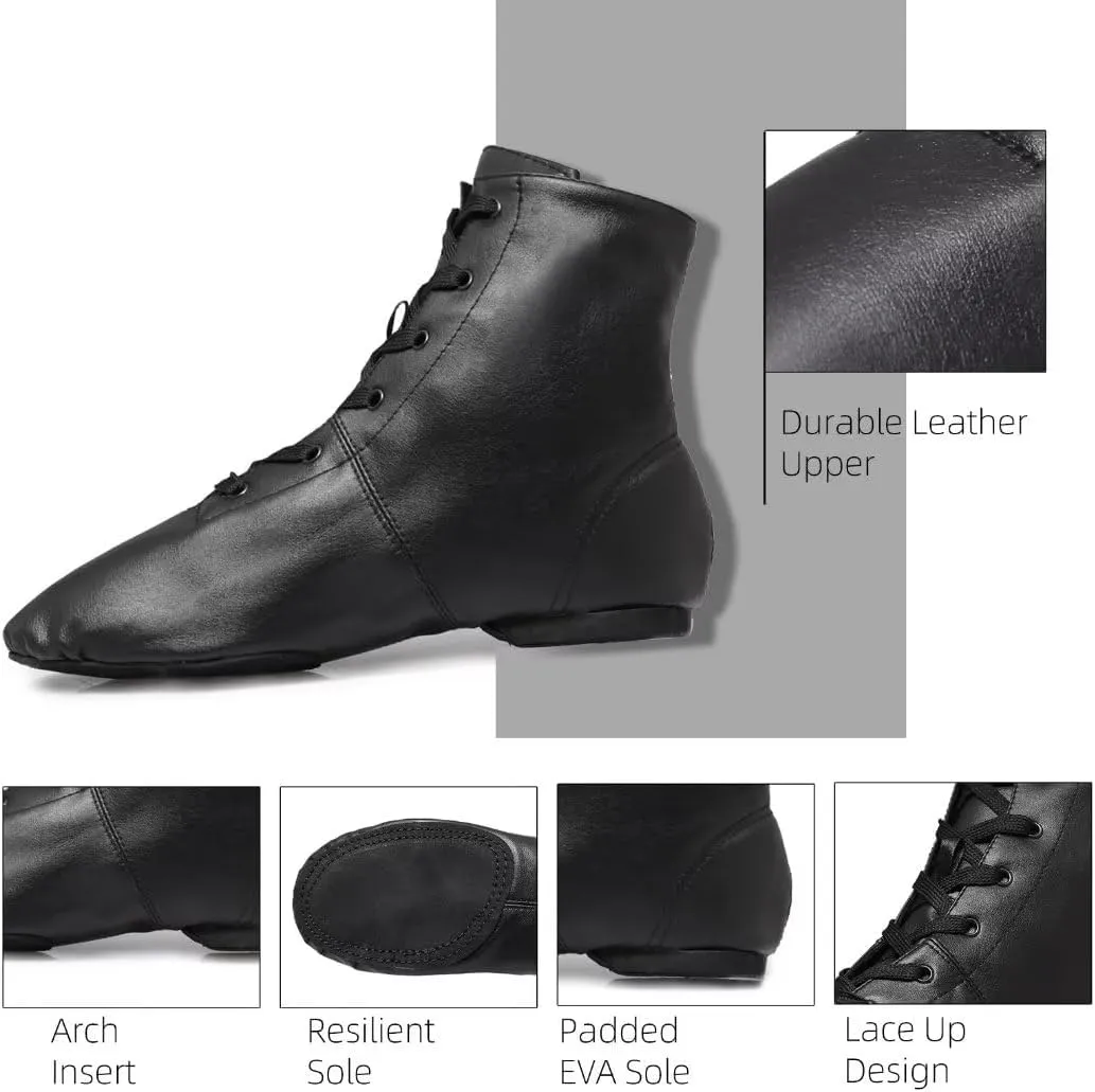 Jazz Boots Dance Shoes: High Top Black Jazz Shoes Lace Up - Premium Leather Dancing Shoes - Flat Split Sole Over Ankle Jazz Boots for Women Girls Kids and Men