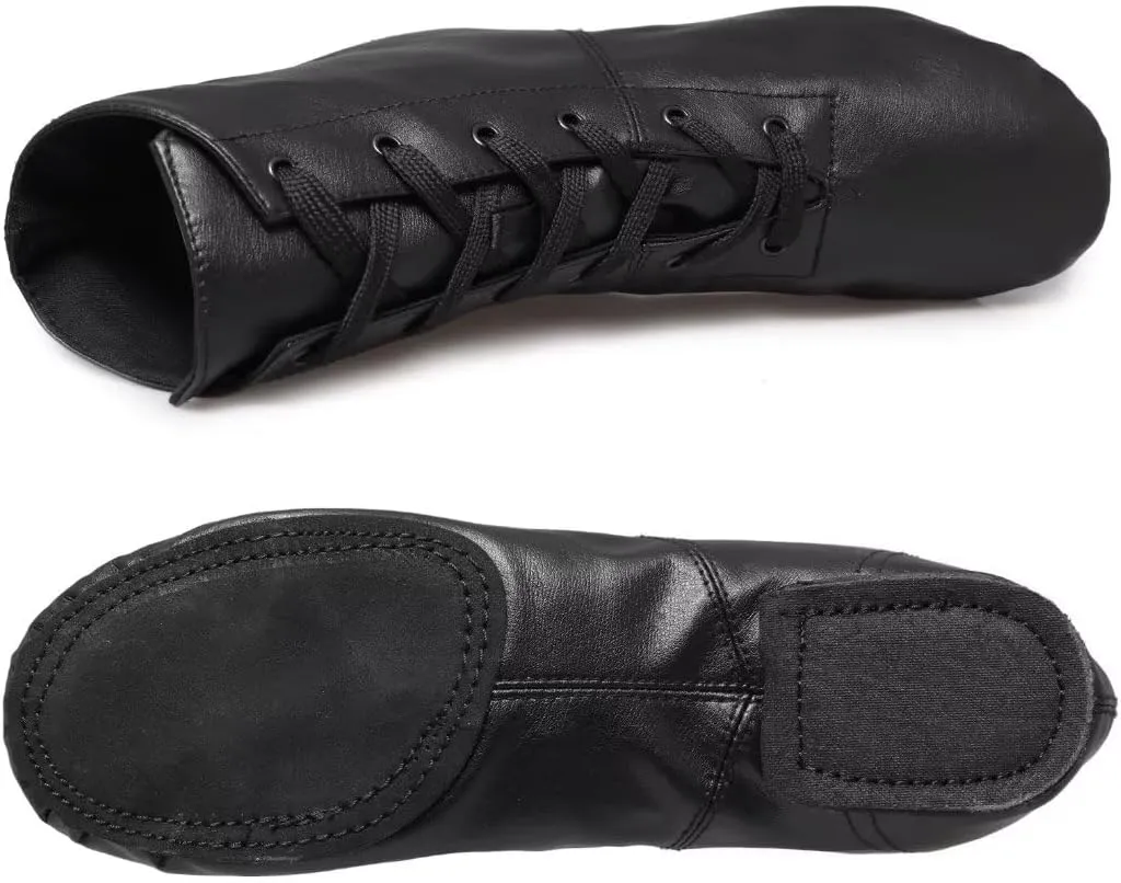 Jazz Boots Dance Shoes: High Top Black Jazz Shoes Lace Up - Premium Leather Dancing Shoes - Flat Split Sole Over Ankle Jazz Boots for Women Girls Kids and Men