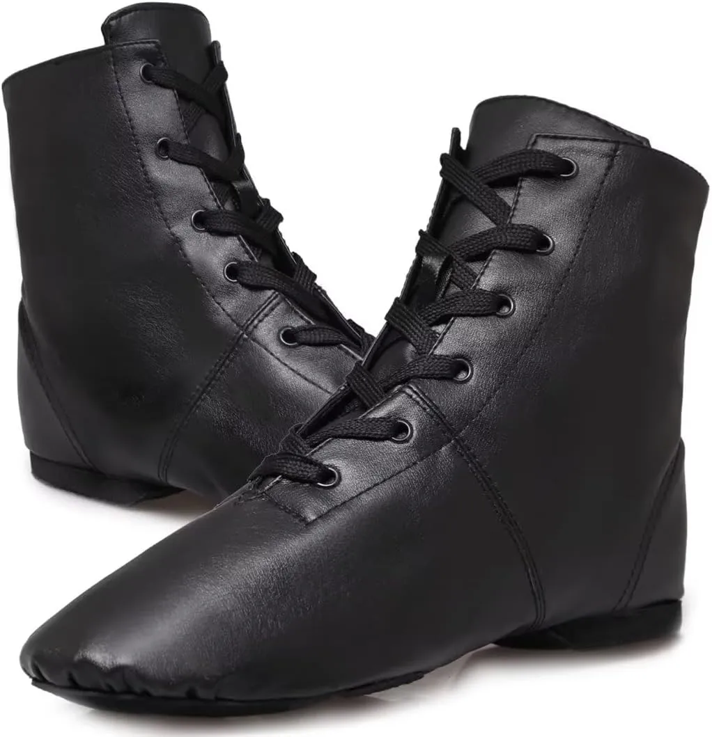 Jazz Boots Dance Shoes: High Top Black Jazz Shoes Lace Up - Premium Leather Dancing Shoes - Flat Split Sole Over Ankle Jazz Boots for Women Girls Kids and Men