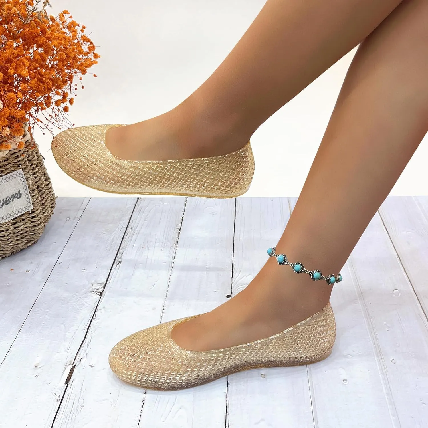 Jelly Mesh Ballet Flats for Women Clear Hollow Jellies Flat Sandals Round Toe Slip On Beach Flat Shoes