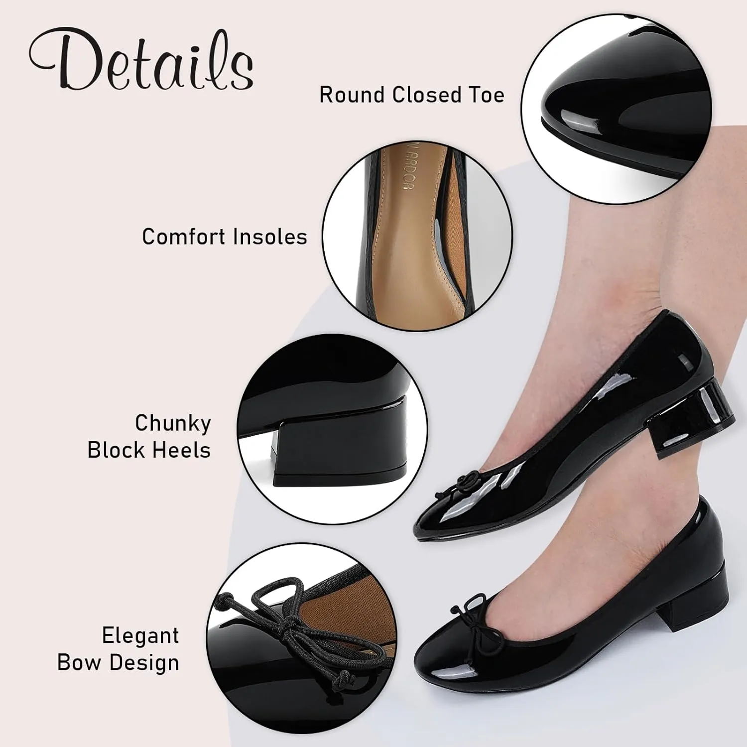 JENN ARDOR Chunky Block Low Heels Bow Round Closed Toe Comfort Work Casual Slip-On Bridal Wedding Guest Dress Cute Ballet Pumps Shoes for Women