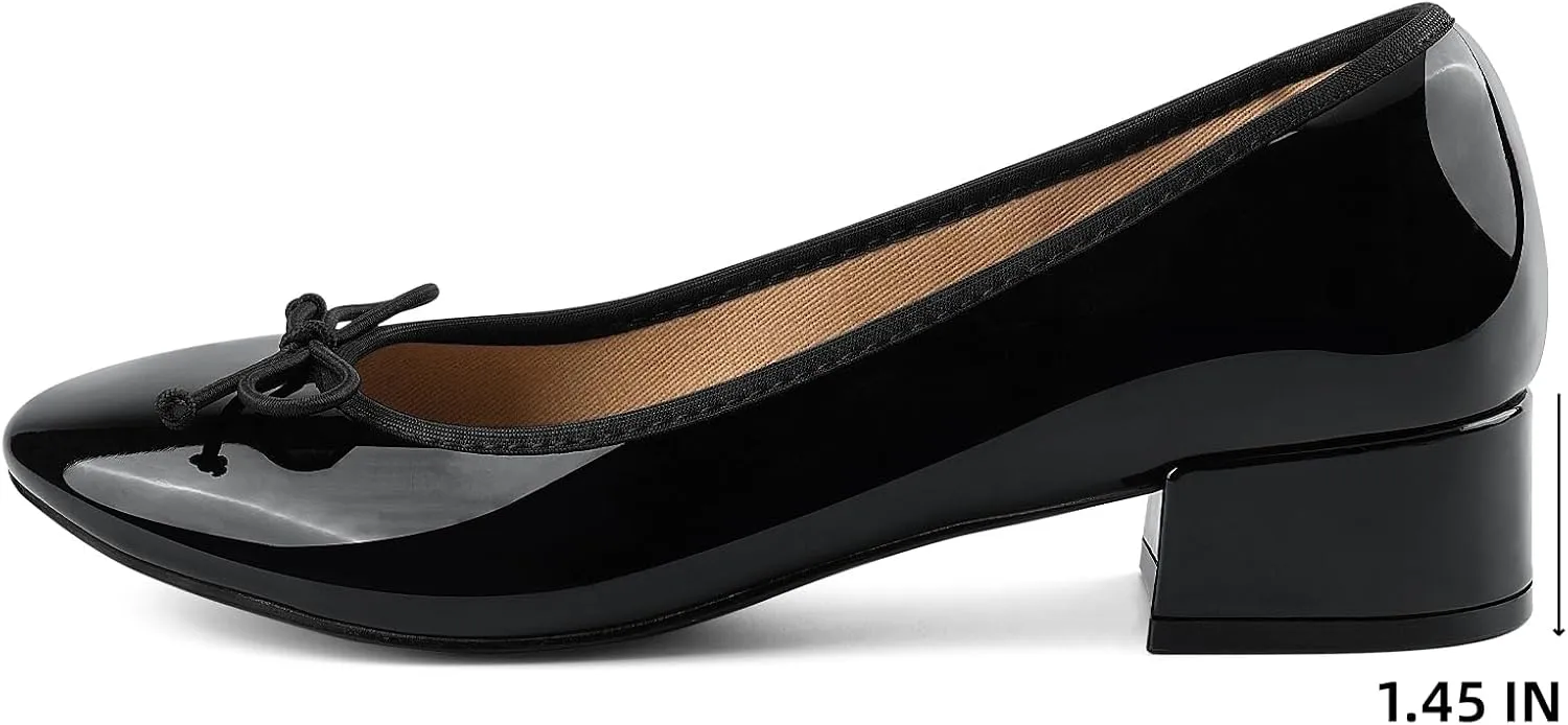 JENN ARDOR Chunky Block Low Heels Bow Round Closed Toe Comfort Work Casual Slip-On Bridal Wedding Guest Dress Cute Ballet Pumps Shoes for Women