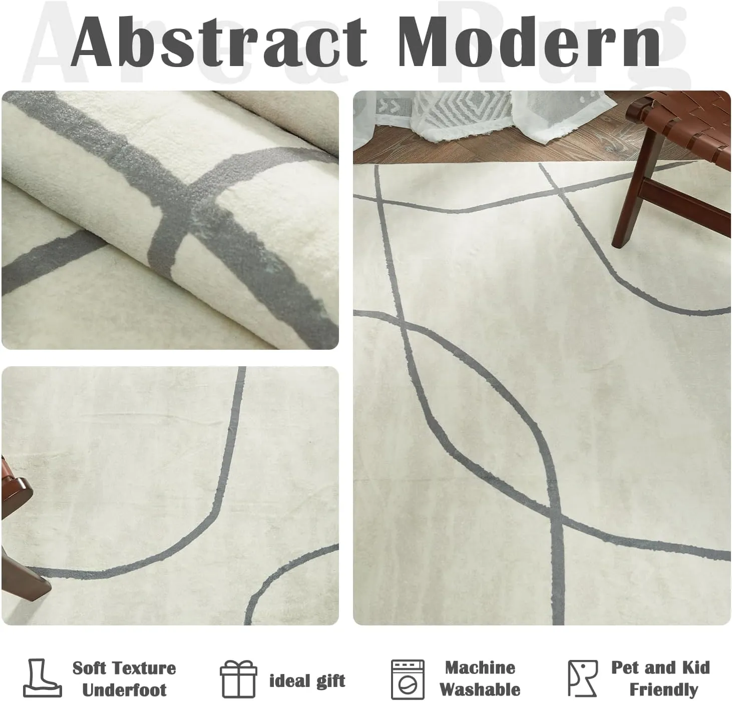 jinchan 2x5 Runner Rug, Washable Abstract Minimalist Rug, Non-Slip Thin Accent Carpet for Kitchen, Hallway, Living Room, Bedroom, Dining Room, Office, Grey on Cream