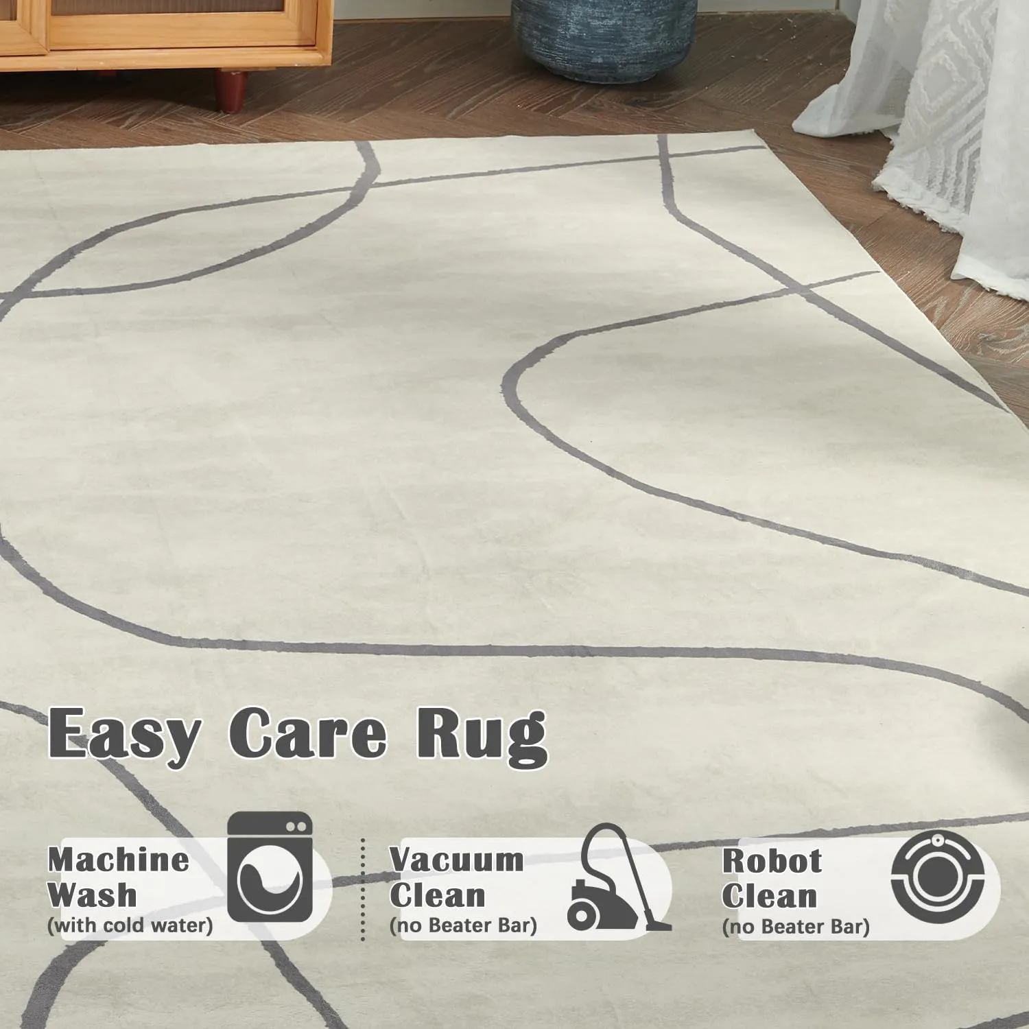 jinchan 2x5 Runner Rug, Washable Abstract Minimalist Rug, Non-Slip Thin Accent Carpet for Kitchen, Hallway, Living Room, Bedroom, Dining Room, Office, Grey on Cream
