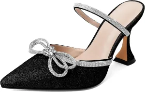 Joseywade Rhinstone Bow Mule Heels High Heels Closed Pointed Toe Spool Heel Slip-on Sandals 3.5" Wedding Crystal Ankle Strap Backless Shoes For Bridal Bridesmaid Engagement