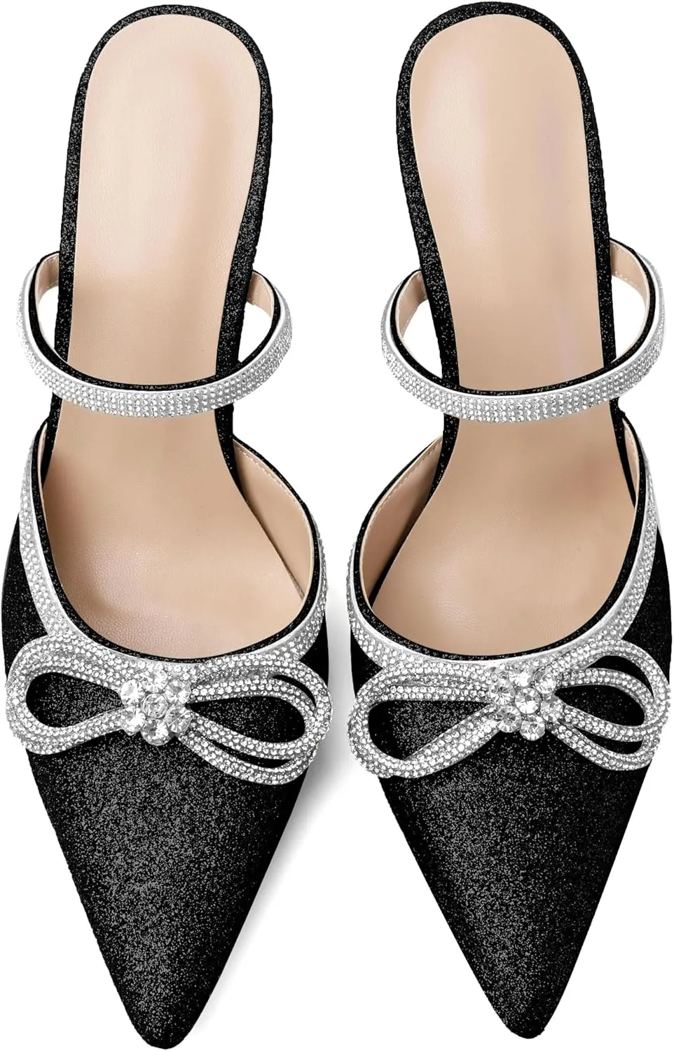 Joseywade Rhinstone Bow Mule Heels High Heels Closed Pointed Toe Spool Heel Slip-on Sandals 3.5" Wedding Crystal Ankle Strap Backless Shoes For Bridal Bridesmaid Engagement